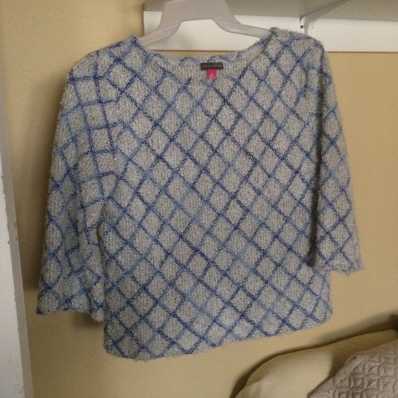 Vince Camuto Sweater SzM Pullover White/Blue Geometric 3/4Sleeves Pre-Owned Cute - Picture 1 of 8